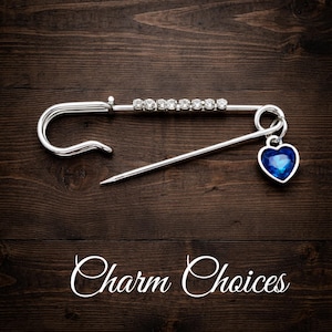 May include: A silver-toned safety pin with a row of clear rhinestones and a blue heart charm. The pin is displayed on a dark wood surface. The text "Charm Choices" is written in white script at the bottom.