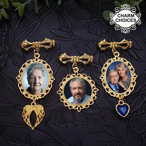 Pin dorado con lazo y foto conmemorativa, broche nupcial con solapa de esmoquin y boutonniere, regalo para el novio o la novia, foto de un ser querido, broche de graduación, broche de ramo.