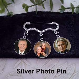 Groom Boutonniere Memorial Lapel Silver 3 Photo Pin, Bridal Bouquet Charm, Loved One Memory, Groom Gift, Graduation Pin, Wedding Day Gift