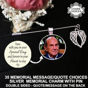 Memorial Photo Silver Pin, Double Sided Message, Boutonniere Lapel Tux, Bridal Bouquet Charm Wedding Pin, Bride Groom Gift, Graduation Gift