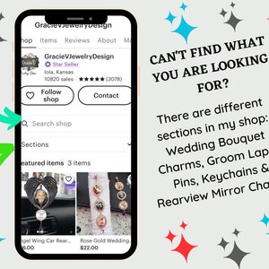 K&ouml;nnte beinhalten: Screenshot einer Etsy-Shop-Seite f&uuml;r GracieVJewelryDesign. Der Shop bietet eine Vielzahl von Schmuck an, darunter Brautstrau&szlig;-Anh&auml;nger, Br&auml;utigam-Reversnadeln, Schl&uuml;sselanh&auml;nger und R&uuml;ckspiegel-Anh&auml;nger. Das Bild zeigt eine Auswahl an vorgestellten Artikeln, darunter einen Auto-Anh&auml;nger mit Engelsfl&uuml;geln und einen Satz von drei Anh&auml;ngern mit Ros&eacute;gold-Akzenten.