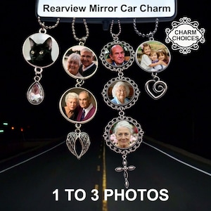 Car Rear View Mirror Photo Memorial Charm, One to Three Photo, Ornament Hanger, Sympathy Gift