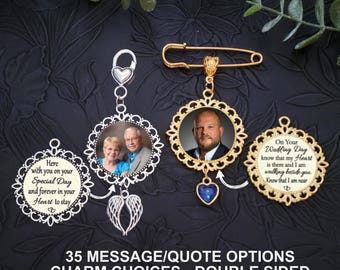 Memorial Photo Wedding Bouquet Lapel Charm, Double Sided, Message Quote, Gift for Bride or Groom, Something Blue, Graduation Pin
