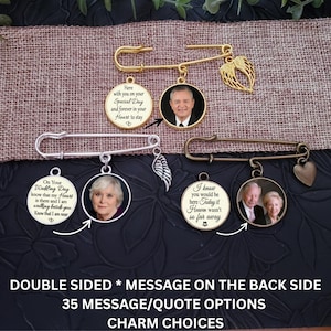 Groom Boutonniere Photo Memorial Lapel Pin, Double Sided, Message Charm, Wedding Day Gift, Bridal Wedding Bouquet Charm, Groom Gift
