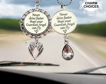 Never Drive Faster Than Your Guardian Angel Can Fly, Rear View Mirror Photo Memorial Charm, Car Ornament Hanger, New Permit Teen Driver Gift