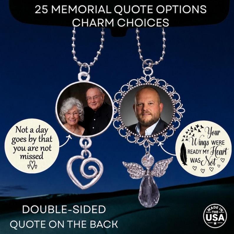 Car Rear View Mirror Photo Memorial Charm, Choose Your Quote, Custom Ornament Hanger Charm, Double Sided Photo Bild 1