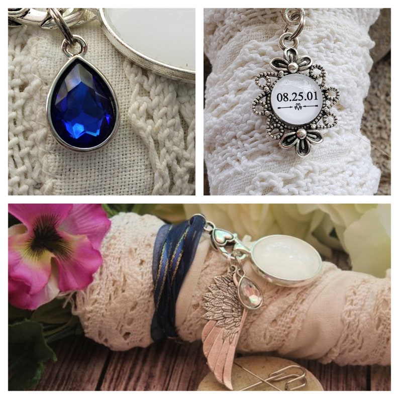 Those We Love Don/'t Go Away They Walk Beside Us Every Day Photo Wedding Bouquet Charm Rhinestone Angel Wing Bouquet Wedding Charm