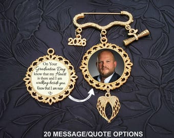Graduation Memorial Photo Gown Charm Pin, Gold, Double Sided, Quote Message Choice, Pendant for Graduation Ceremony, Gift for Graduate