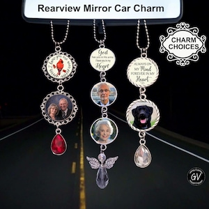Memorial Photo Rear View Mirror Car Memorial Charm, Silver Angel Wings, Quote Choice, Custom Ornament Hanger Charm, Sympathy Funeral Gift