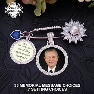 Memorial Photo Wedding Bouquet Charm, Rhinestone Pearl Pin to Attach, Gift for the Bride, Boutonniere Groom Lapel Pin, Groom Gift