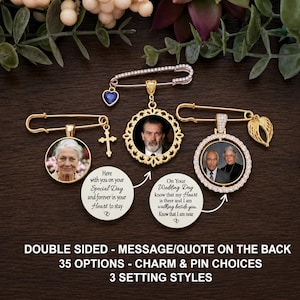 May include: Three gold-toned safety pins with photo pendants. One features a blue heart charm, one a cross charm, and one angel wings. Two round metal discs display text: "Here with you on your Special Day" and "On Your Wedding Day know that my Heart".