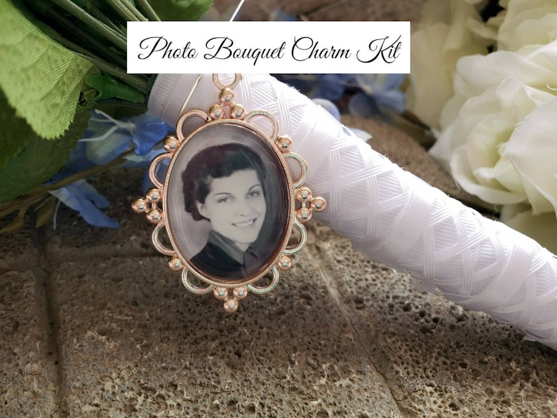 Complete Kit DIY Do It Your Self Wedding Bouquet Photo Charm Photo Bouquet Memorial Charm Oval Rose Gold In Memory Charm
