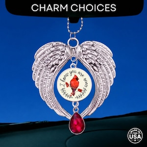 I Know You Are Near, Angel Wing Rear View Mirror Memorial Charm, Red Bird Cardinal, Funeral Sympathy Gift, Car Ornament Hanger