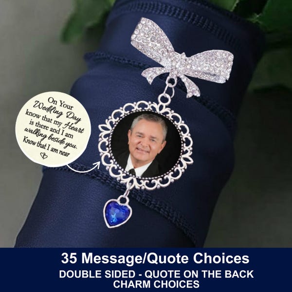 Wedding Photo Picture Memorial Bouquet Charm, Silver Bow Knot Rhinestone Brooch Pin, Double Sided, Message Quote, Bride Gift, something blue