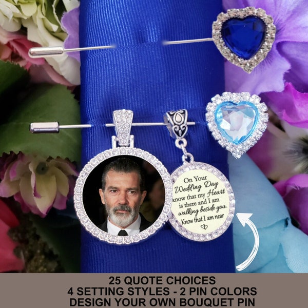 Something Blue Heart, Wedding Bouquet Photo Memorial Memory Charm, Pin to Attach, Quote Choice, Gift for the Bride, Loved One Memory