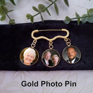 Groom Boutonniere Memorial Lapel Gold 3 Photo Pin, Bridal Bouquet Charm, Loved One Memory, Groom Gift, Graduation Pin, Wedding Day Gift