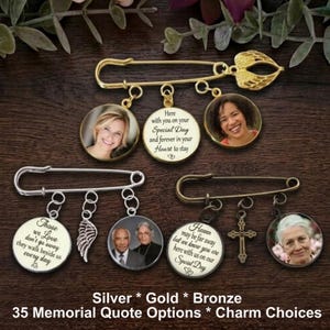 May include: Three metal safety pin brooches in gold, silver, and bronze tones. Each features circular charms with printed photographs of individuals, text quotes, and small dangling charms including angel wings and a cross symbol.