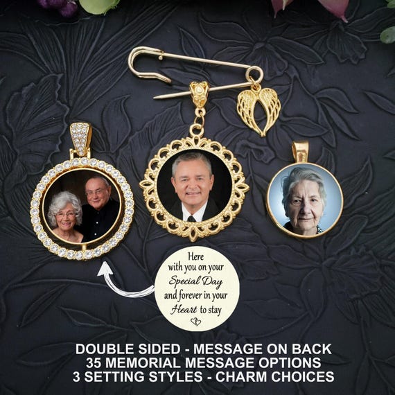 Memorial Wedding Bouquet Photo Memory Lapel Gold Charm, Double Sided, Pin to Attach, Message Choice, Bride Groom Gift, Loved One Memory