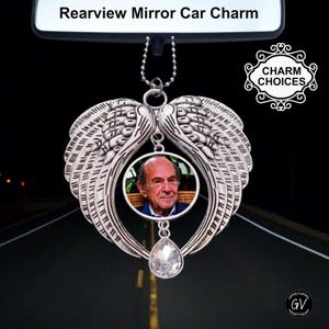 Rear View Mirror Memorial Photo Picture Charm, Angel Wing Heaven Charm, Car Ornament Hanger, Remembrance Funeral Sympathy Gift