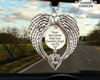 Never Drive Faster Than Your Guardian Angel Can Fly, Car Rear View Mirror Charm, mirror hanger, angel wing car charm, Ornament Hanger