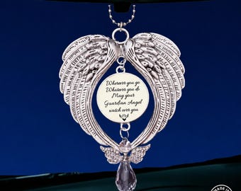 Rear View Angel Wing Mirror Car Charm, Wherever You Go Whatever You Do May Your Guardian Angel Watch Over You, Angel Wing Charm Hanger