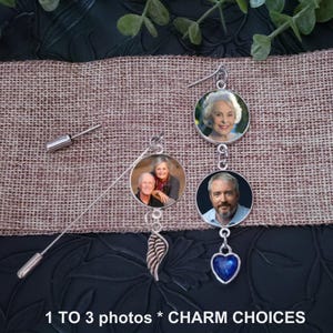 Gift for Groom Photo Boutonniere Tux Lapel Memorial Pin, Bridal Bouquet Charm, 1 or 2 Photo Charm, Graduation Photo Pin, Wedding Day Gift