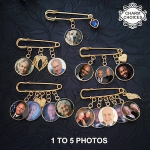 Memorial Photo Wedding Bouquet Charm Gold Pin, Bride Groom Gift, Lapel Boutonniere, Gift for the Groom, 1 to 5 photos, Gift from Bride