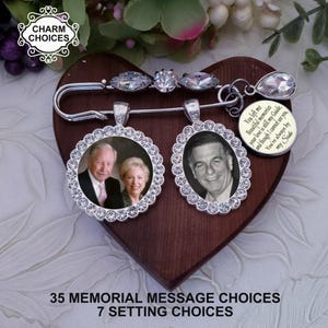 Memorial Photo Wedding Bouquet Charm, Rhinestone Pin to Attach to Bouquet, Gift for the Bride, Boutonniere Groom Lapel Pin, Groom Gift