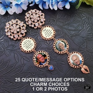 Wedding Memorial Bouquet Photo Picture Charm, Rose Gold, Rhinestone Brooch Pin, Walk With Down the Aisle Mom Dad, Bride Gift, something blue