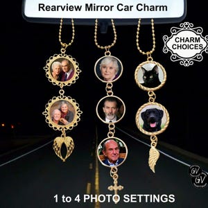 Gold Photo Memorial Car Rear View Mirror Charm, 1 TO 4 Photos, Ornament Hanger, Sympathy Gift, Loved One Memory