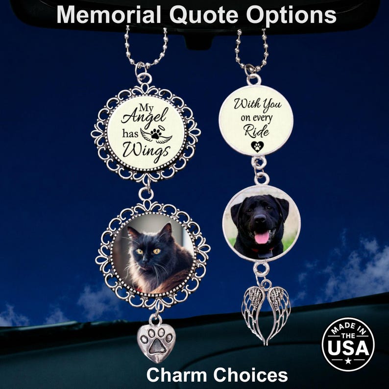 Pet Memorial Photo Car Hanging Charm, Quote Choices, Pet Loving Memory Remembrance Gift for Rear-View Mirror image 1
