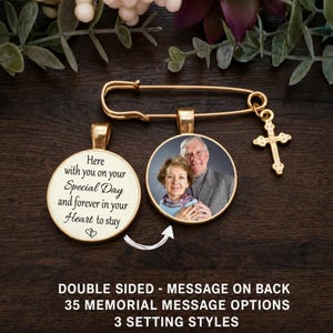 Memorial Wedding Bouquet Photo Memory Lapel Gold Charm, Double Sided, Pin to Attach, Message Choice, Bride Groom Gift, Loved One Memory image 6