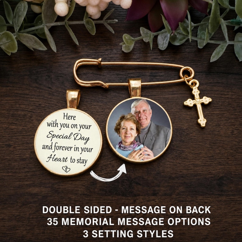 Memorial Wedding Bouquet Photo Memory Lapel Gold Charm, Double Sided, Pin to Attach, Message Choice, Bride Groom Gift, Loved One Memory image 6