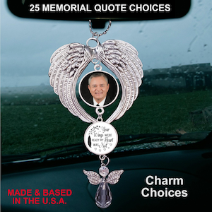 Angel Wing Car Rear View Mirror Photo Picture Memorial Charm, Choose Your Own Quote, Ornament Hanger Charm