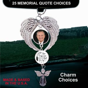 Angel Wing Car Rear View Mirror Photo Picture Memorial Charm, Choose Your Own Quote, Ornament Hanger Charm