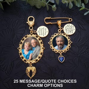 May include: Two gold-toned memorial charms featuring oval photo frames. One charm displays a couple and includes a wing pendant. The other charm features a man's portrait, a blue heart, and a safety pin. Both include circular tags with text.