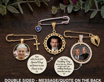 Gold Memorial Wedding Bouquet Memory Lapel Photo Charm, Double Sided, Pin to Attach, Message Choice, Bride Groom Gift, Loved One Memory