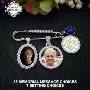 Memorial Photo Wedding Bouquet Charm, Rhinestone Pin to Attach to Bouquet, Gift for the Bride, Boutonniere Groom Lapel Pin, Groom Gift