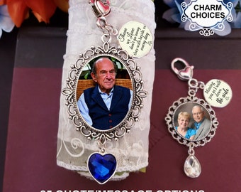 Picture Memorial Photo Wedding Bouquet Charm, Silver, Choose Your Quote, Walk with Me, Dad Mom Aisle, Gift for the Bride