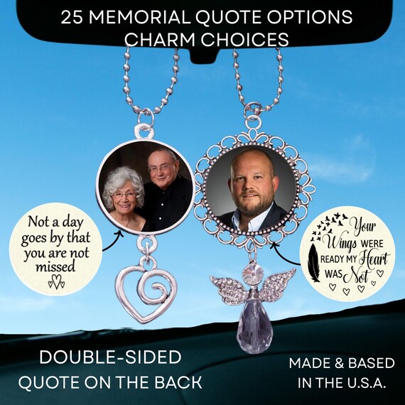 Car Rear View Mirror Photo Memorial Charm, Choose Your Quote, Custom Ornament Hanger Charm, Double Sided Photo