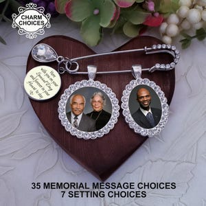 Memorial Photo Wedding Bouquet Charm, Rhinestone Pin to Attach to Bouquet, Gift for the Bride, Boutonniere Groom Lapel Pin, Groom Gift