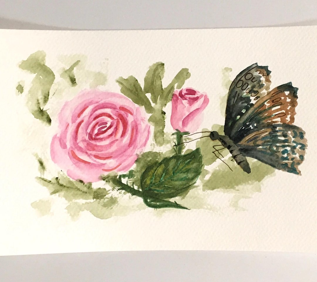 Roses Pink Flowers Butterfly Original Painting 6x9 Watercolor Art (not ...