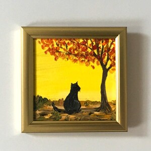 Chat sous un arbre coucher de soleil peinture à l'huile petite toile art mural