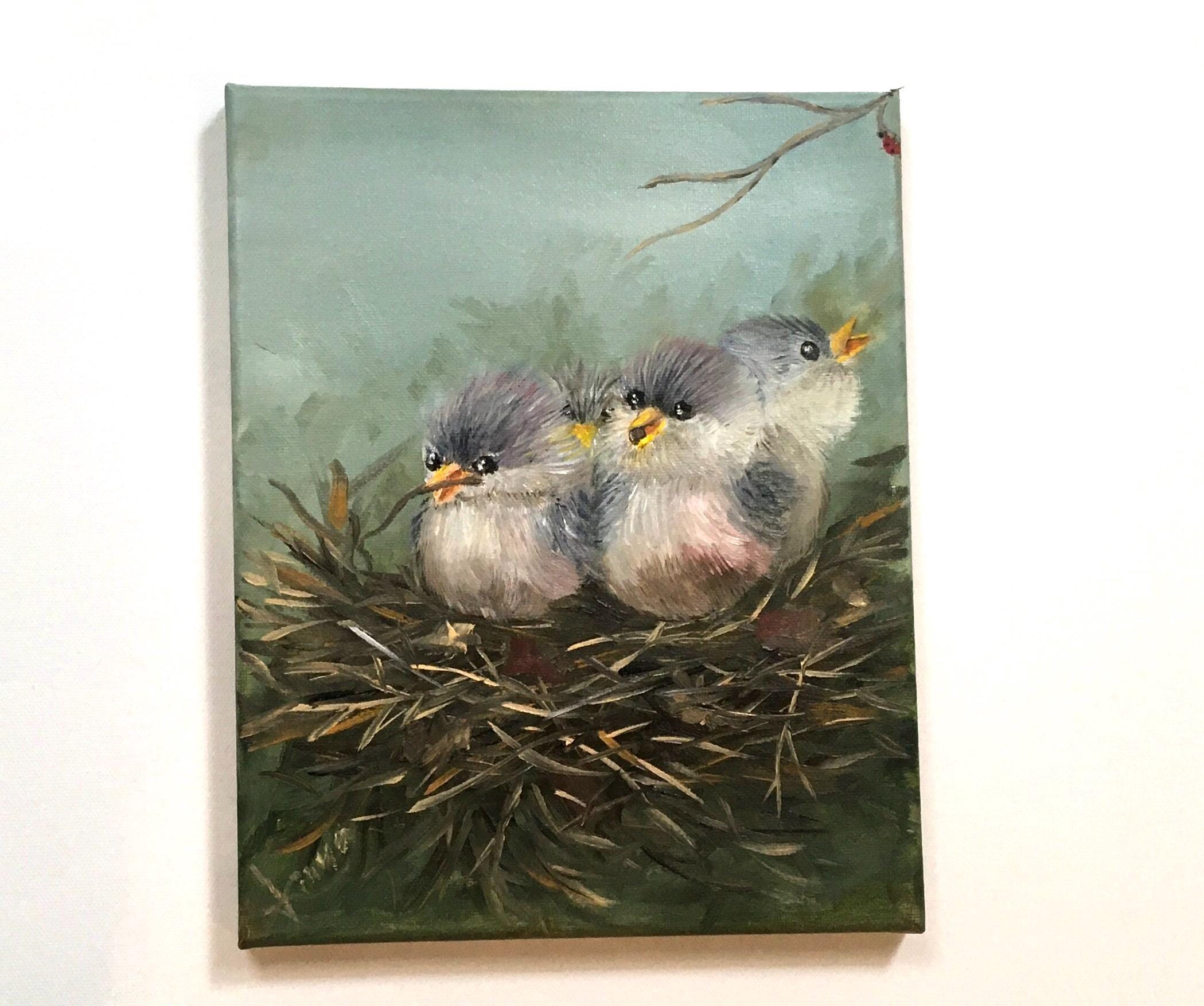 Original Oil Painting Baby Birds in a Nest Art Ready Ooak Wall