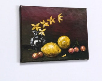 Pintura al óleo original Arte Limones Cerezas Cocina Comida Colgante de Pared