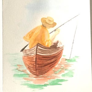 Mann Fischerboot 18x25cm Original-Gemälde Aquarell Kunst (kein Druck)