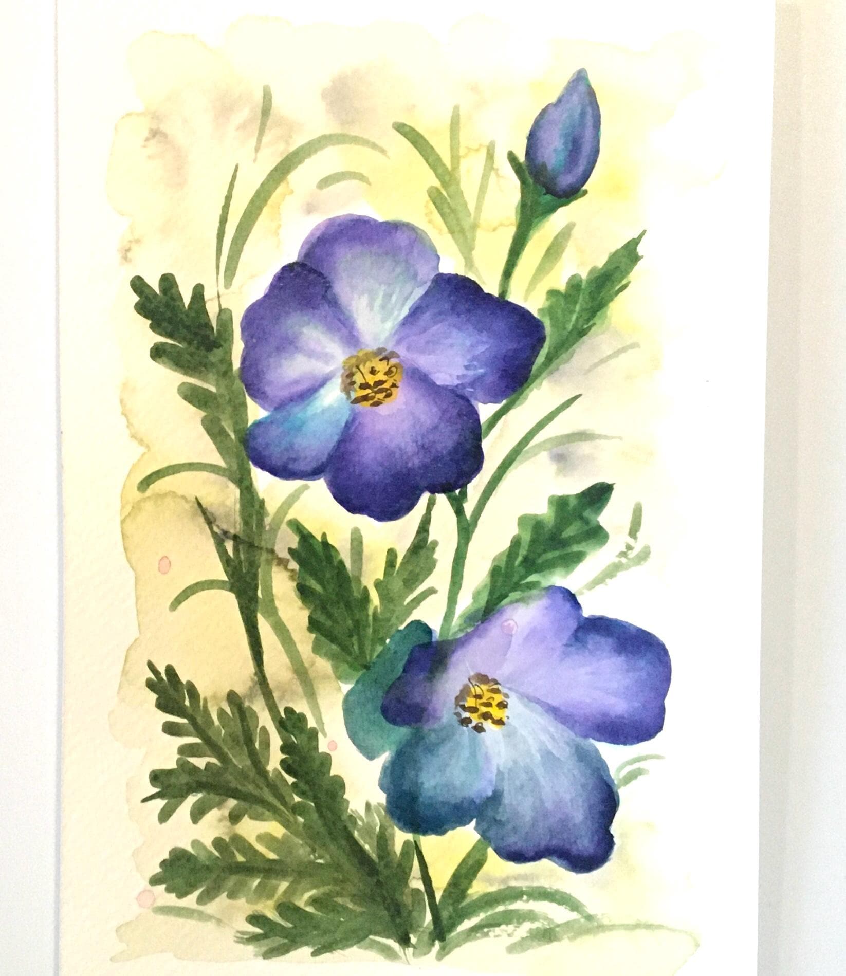 青い花の植物のオリジナル絵画水彩画ピンクの花（印刷ではありません