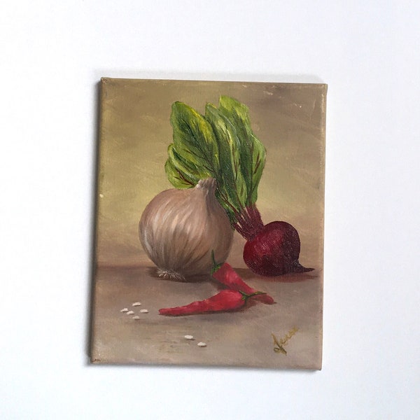 Original oil painting art onion turnip peppers kitchen food wall hanging
