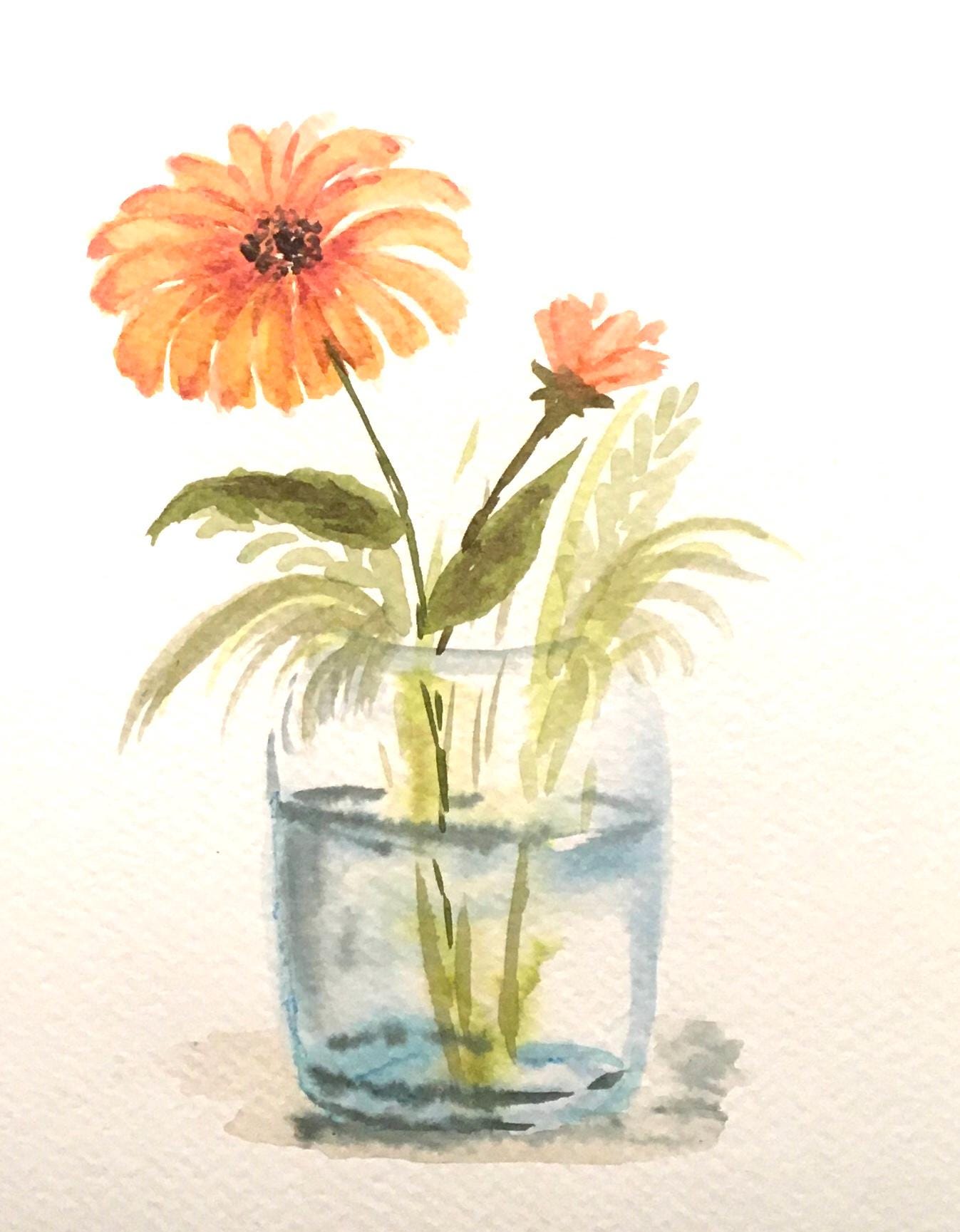 ガラス瓶の中の花 9x6インチ オリジナル水彩画（印刷ではありません
