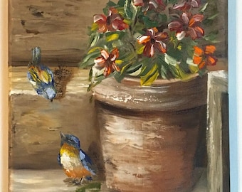 鳥と静物の油彩画 大きめ オリジナル油絵 8x8インチ 鳥 フラワーポット アート オーク材 壁掛け